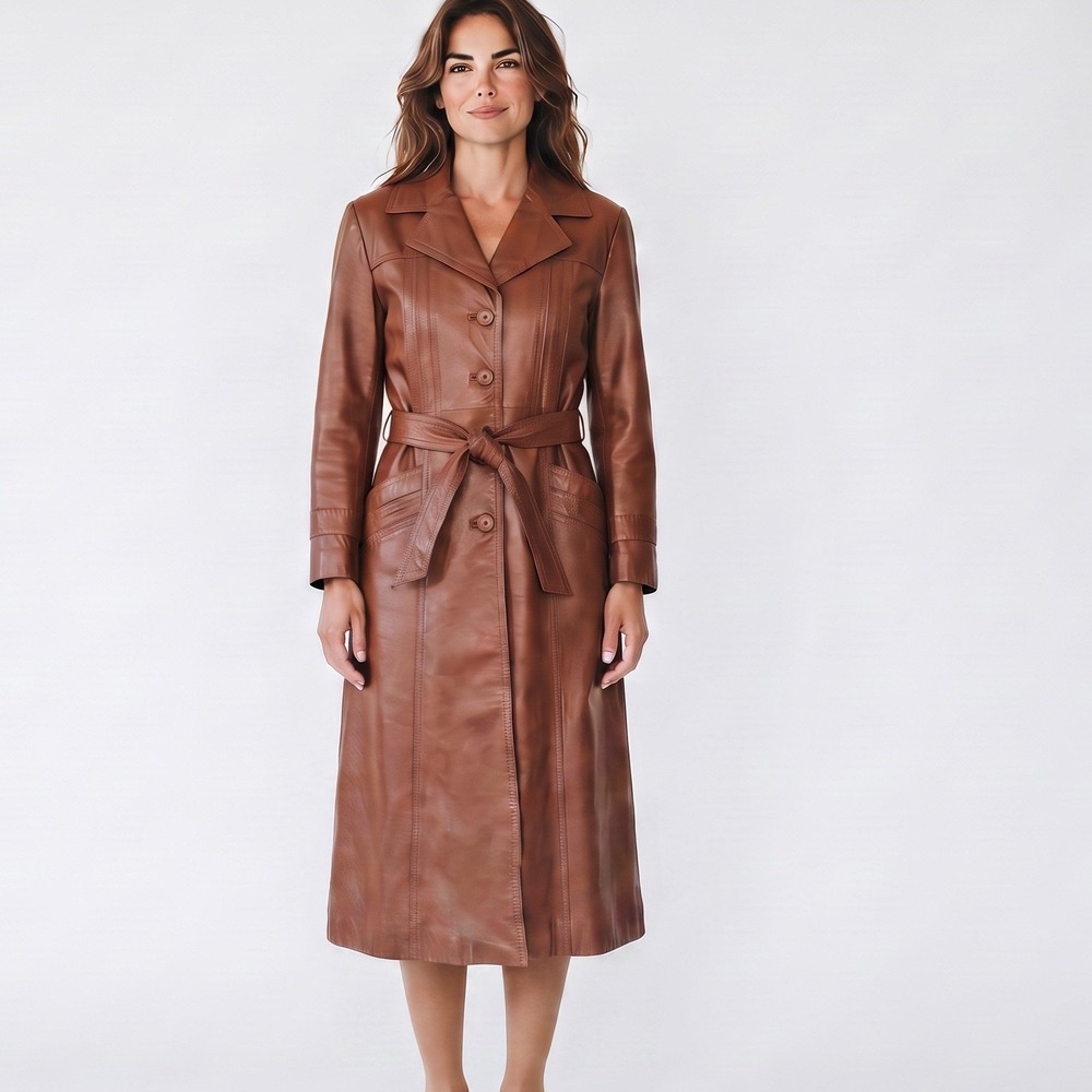 Vintage 70s Cognac Brown Leather Trench Coat Tie Belt Mid Length Women XS